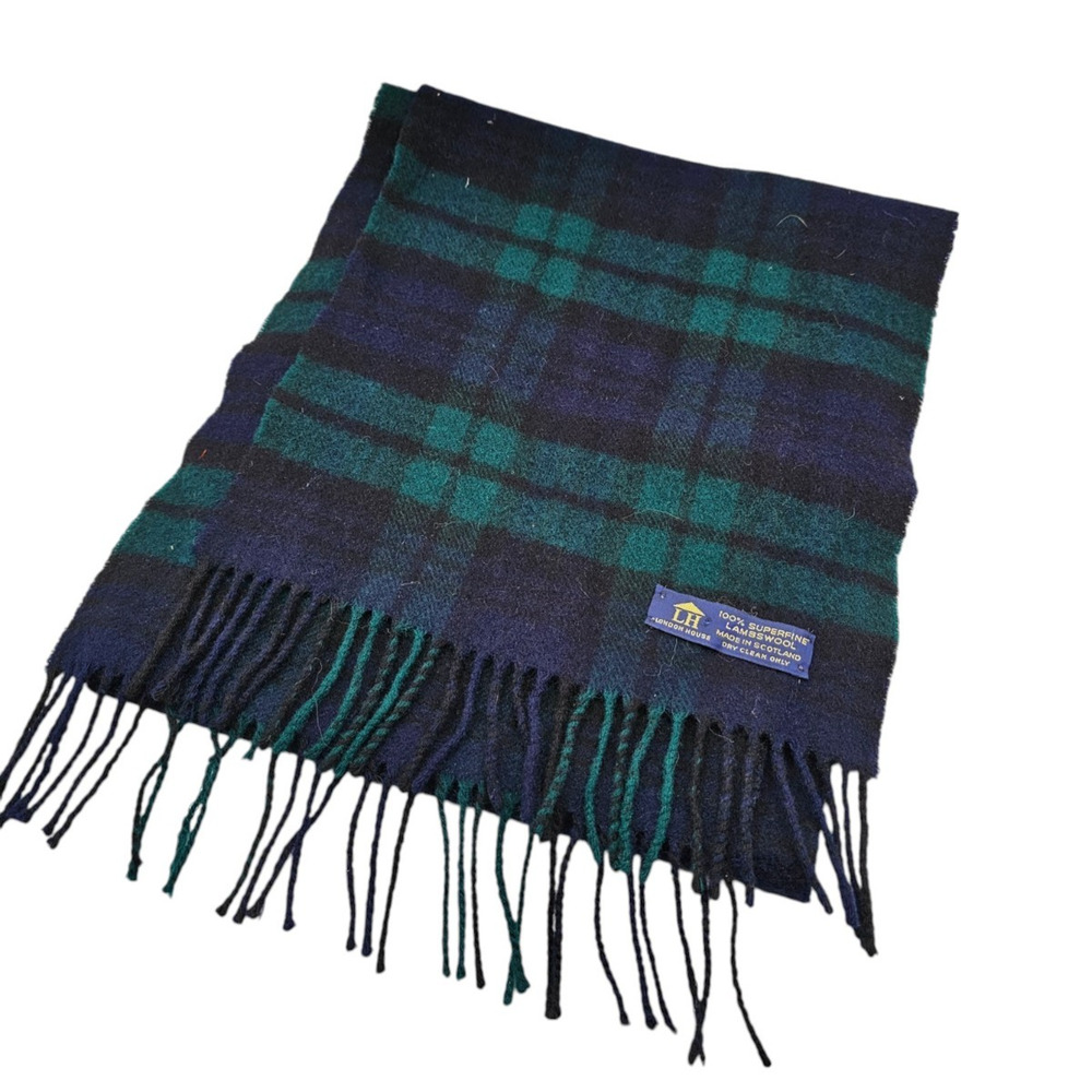 Vtg London House Scotland 100% Fine Lambswool Tartan Plaid Scarf Blue Green